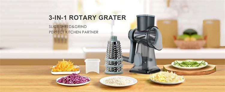 Rallador Giratorio 3 en 1 para Queso, Verduras y Frutos Secos
