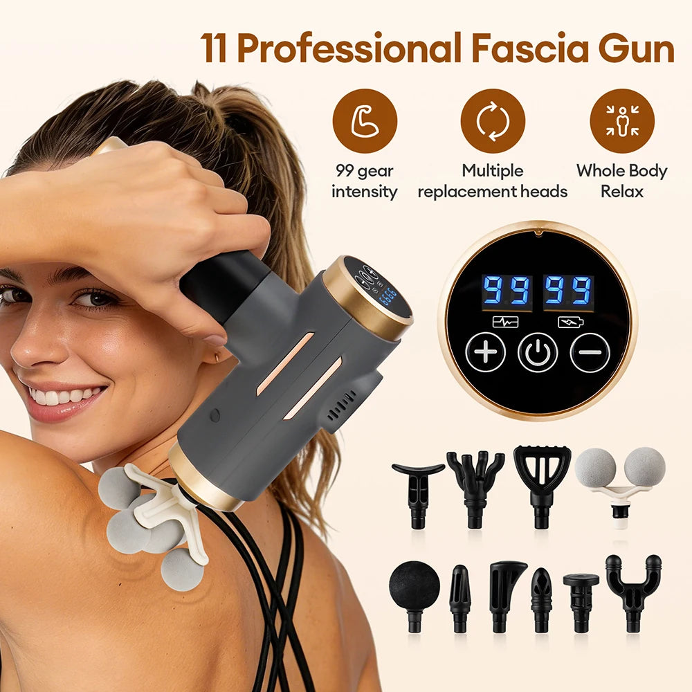 Pistola de Masaje Pro ✨ | 99 Niveles de Intensidad y 11 Cabezales