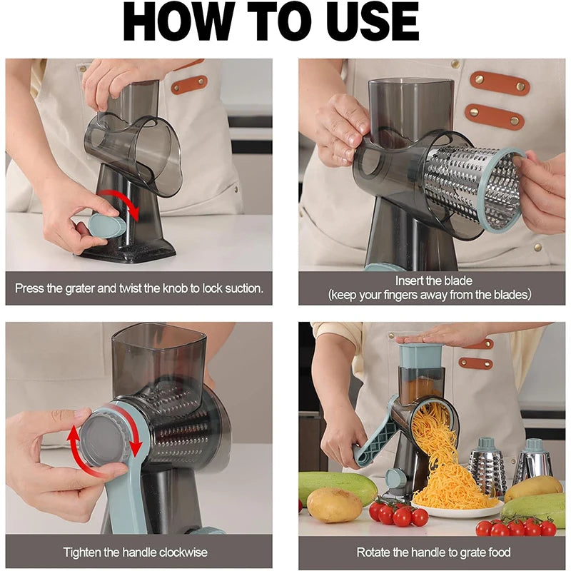 Rallador Giratorio 3 en 1 para Queso, Verduras y Frutos Secos